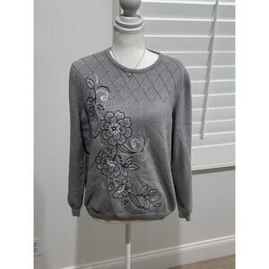 Alfred Dunner embroidered with rhinestones floral cottonblend sweater Size S
